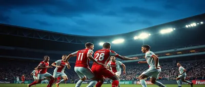 A hyper-realistic editorial sports photograph captures Ajax’s Oscar Gloukh mid-celebration after scoring, his plain...
