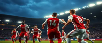 A dramatic low-angle shot of a forward sprinting past a defender on a rain-slick Eredivisie pitch, the Ajax player in...