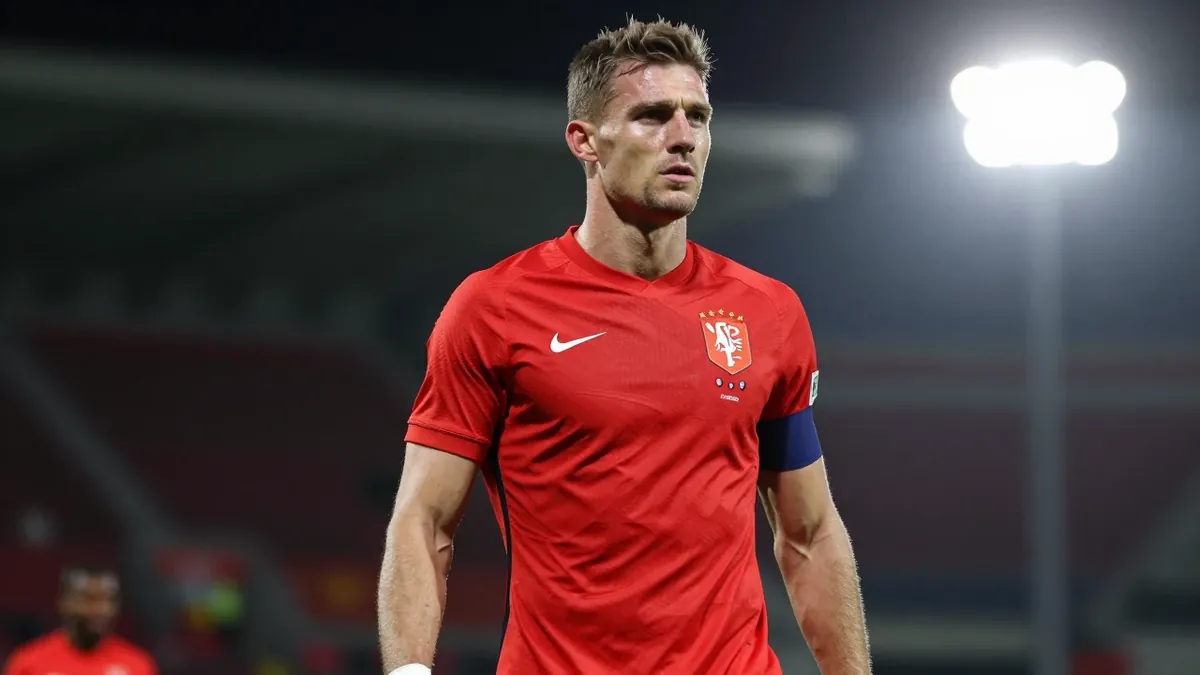 A 25-year-old Dutch defender with a muscular build, wearing a solid red jersey, photographed with an 85mm f/1.4 lens...