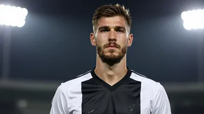 A 25-year-old, tall, and lean male Ajax player with a short beard and a messy haircut, wearing a white and black jersey...