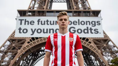 Athletic male soccer player in a red and white striped jersey, standing in front of the Eiffel Tower with a giant banner...