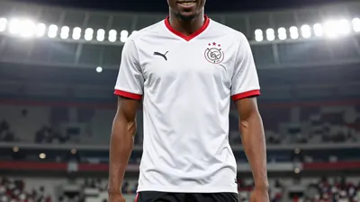 A close-up shot of a young, anonymous Nigerian striker with a bright smile, wearing a white Ajax jersey with a red collar...