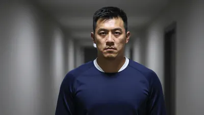 A 25-year-old male coach with a strong build and a stern expression, wearing a dark blue tracksuit with a white collar...