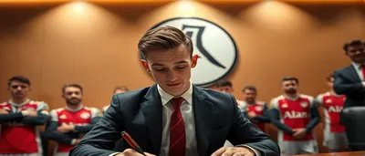 Kasper Dolberg, mid-30s, light brown hair, sharp jawline, wearing plain Ajax home kit (red shirt, white shorts, red...