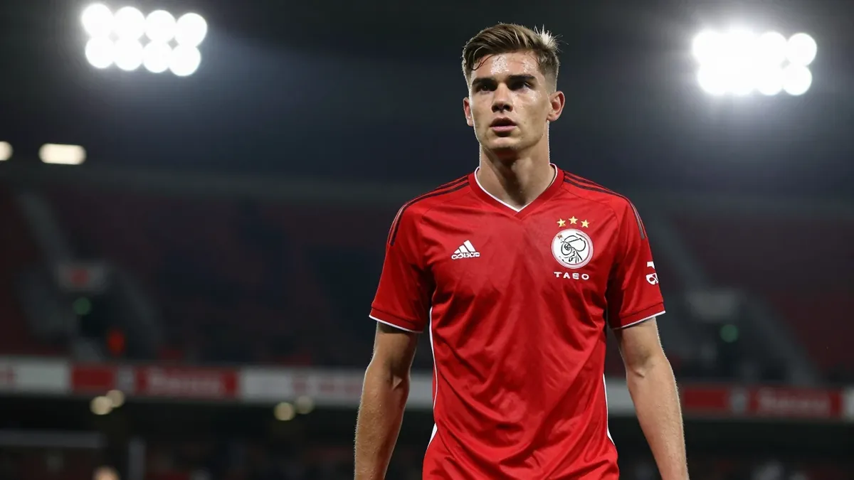 A 22-year-old, 5'10'' AFC Ajax midfielder with a lean build, wearing a solid red jersey, photographed with an 85mm f/1.4...