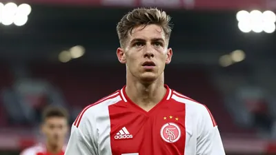 A young left-back in a red and white Ajax kit, standing confidently on the pitch with a determined expression