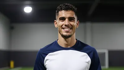 A tight action crop of a young, athletic-looking man in his mid-30s with a strong jawline and a confident smile, wearing...