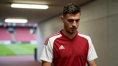A tight, waist-up shot of a 25-year-old, 5'10" male Ajax staff member, dressed in a dark red and white plain cotton...