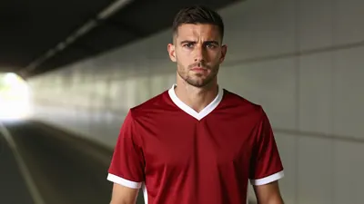 Mid-30s Ajax coach, athletic build, intense gaze, waist-up portrait wearing a plain dark-red jersey with white collar...