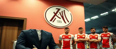 Mid-30s athletic defender, short dark hair, confident expression, holding a signed contract in both hands, torso forward...