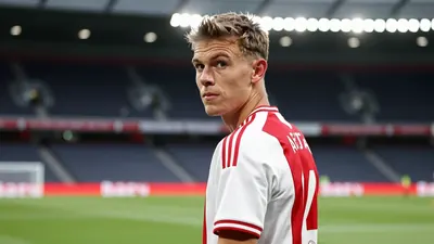 A 23-year-old Belgian left-winger in an AFC Ajax kit, standing on the pitch with a thoughtful expression, looking back at...