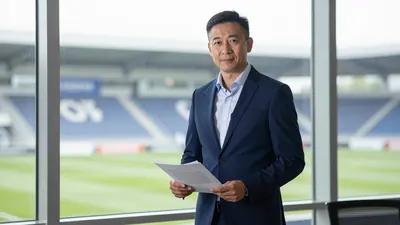 A mid-30s male football executive in a dark blue suit, standing in an office with a large window showing a blurred...