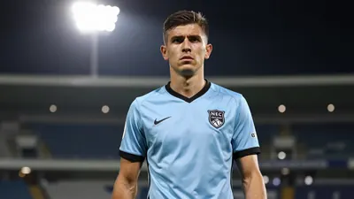 A 23-year-old defender in a NEC jersey, with a serious expression, standing in front of a stadium, with a floodlight...