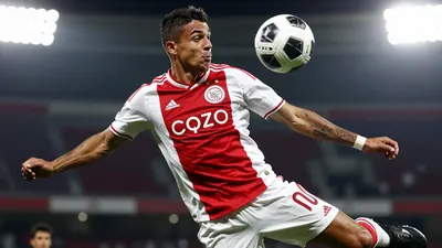 A photorealistic image of a Brazilian striker, wearing a red and white Ajax jersey, with a white kit and black boots, in...