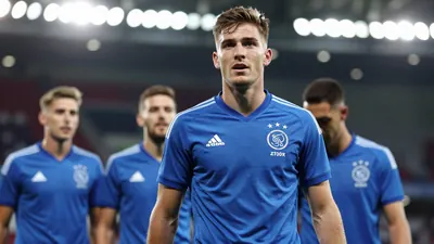 Athletic left-back in a solid blue jersey, waist-up portrait, celebrating with teammates in a stadium, Ajax colors