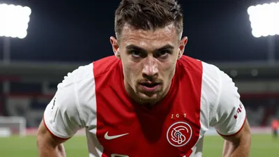 A close-up shot of an anonymous Ajax player in a red jersey with white sleeves, wearing a white pair of shorts and black...