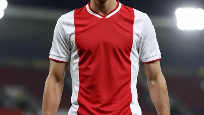A tight action crop of an anonymous Ajax player in his mid-twenties, wearing a red and white jersey, with a white collar...